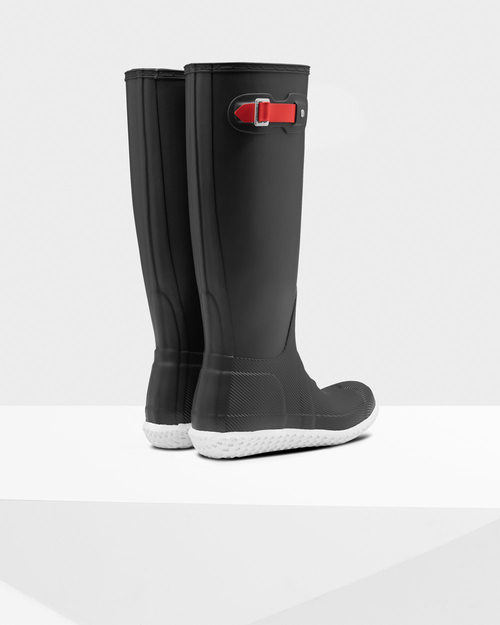 Womens Tall Rain Boots - Hunter Original Flat Heel Calendar Sole (51LBFORTY) - Black/Red